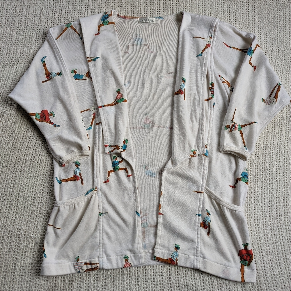 VTG 90s Axis Women's Large Exercising People Pattern Art Open Front Sweater
